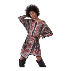 Zara jacquard print wrapped Silky mini dress Sz Médium Long Sleeves Colorful EUC